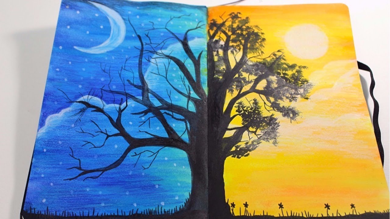 Night and Day Drawing, Pencil, Sketch, Colorful, Realistic Art Images