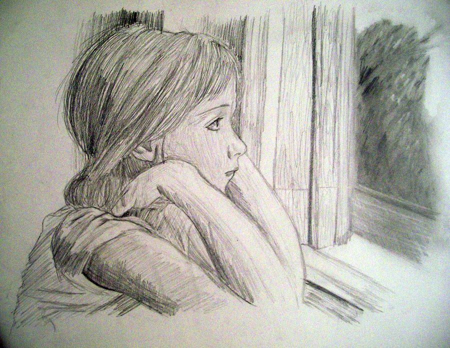 girl looking down sad sketch