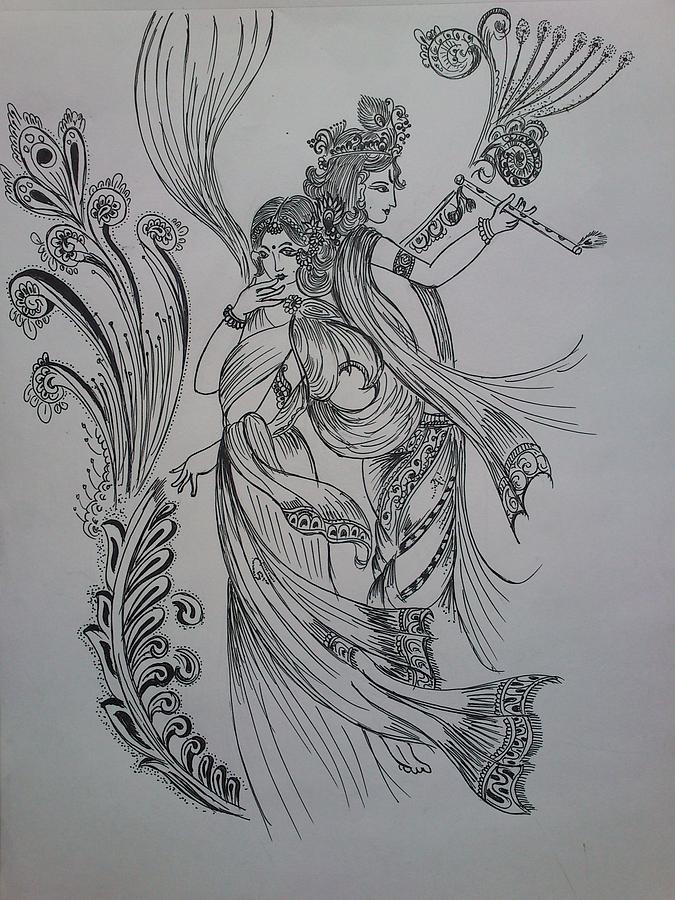 Eternal love of Radha Krishna Drawing by D J  Pixels