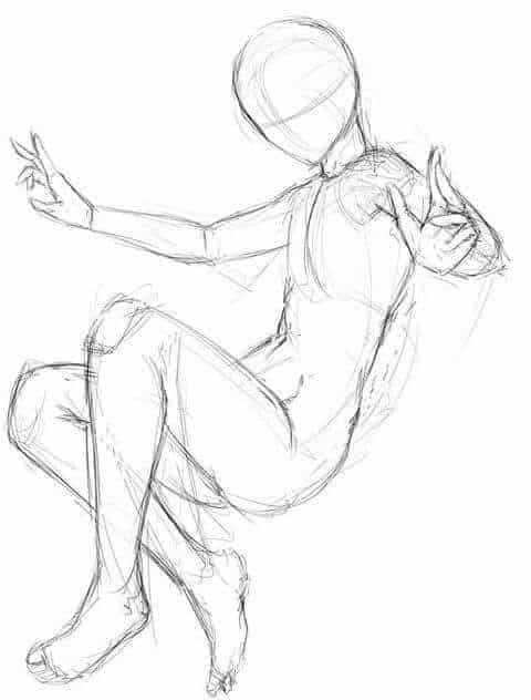 First time sketching poses from imagination, Looking for some advice. Took  a shot at drawing pose from head, but would like to understand how to  improve on mistakes to prevent them again.