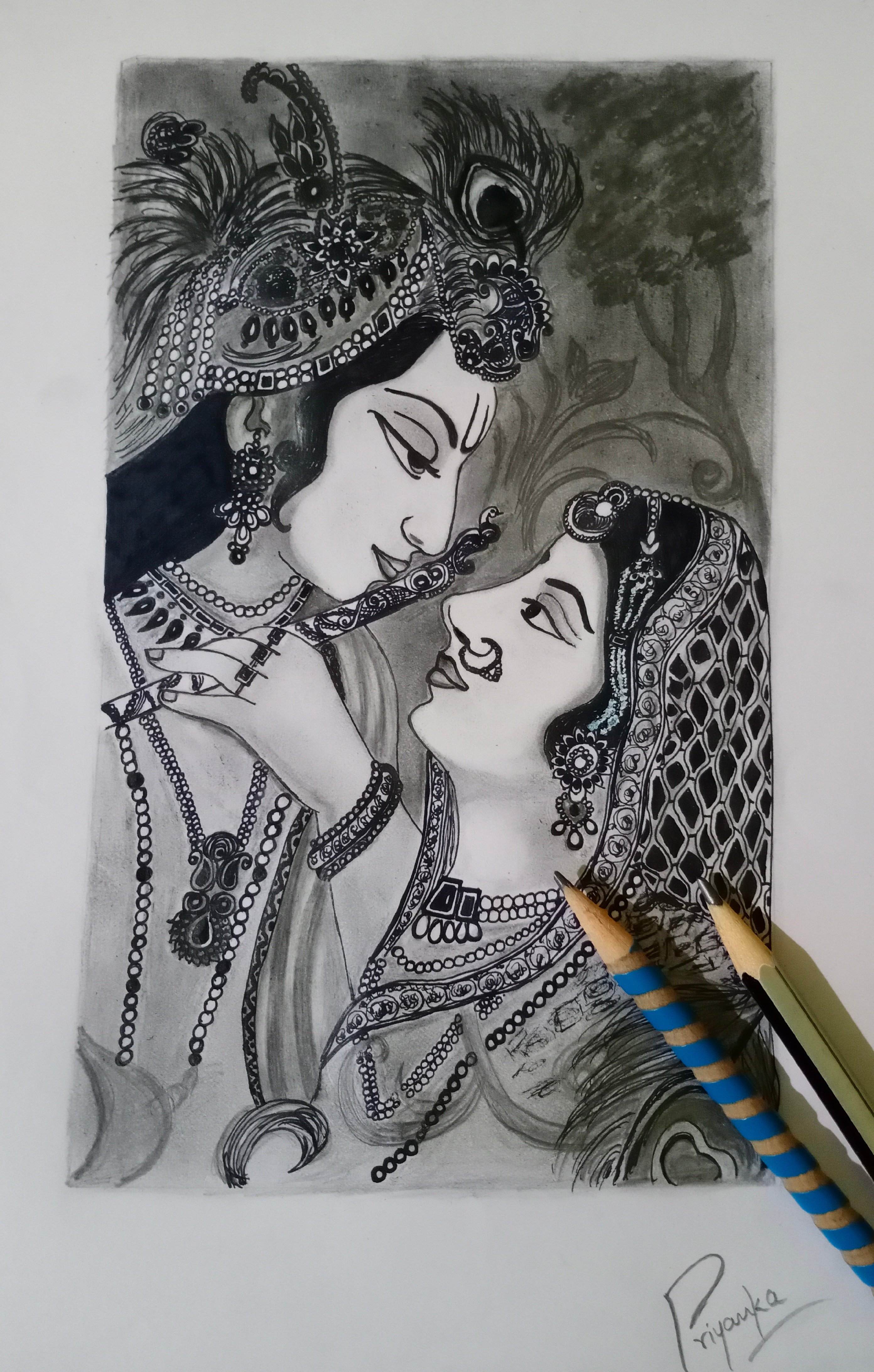 Paper Photo Sktech Of Radha Krishna Using 3b4b8b And Charcoal Pencil