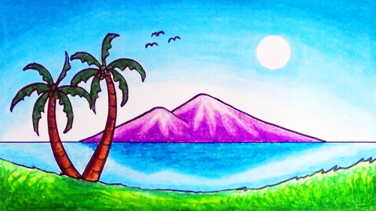 How To Draw Easy Scenery | Drawing Sunset, River And Mountain Scenery With  Oil Pastels - YouTube