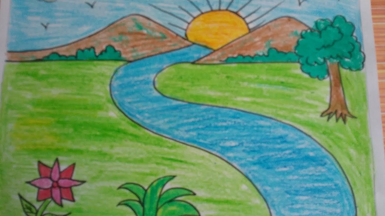 How To Draw Nature Scenery Beautiful Mountain And Waterfall Sunset |Drawing  Nature Scenery Easy - YouTube