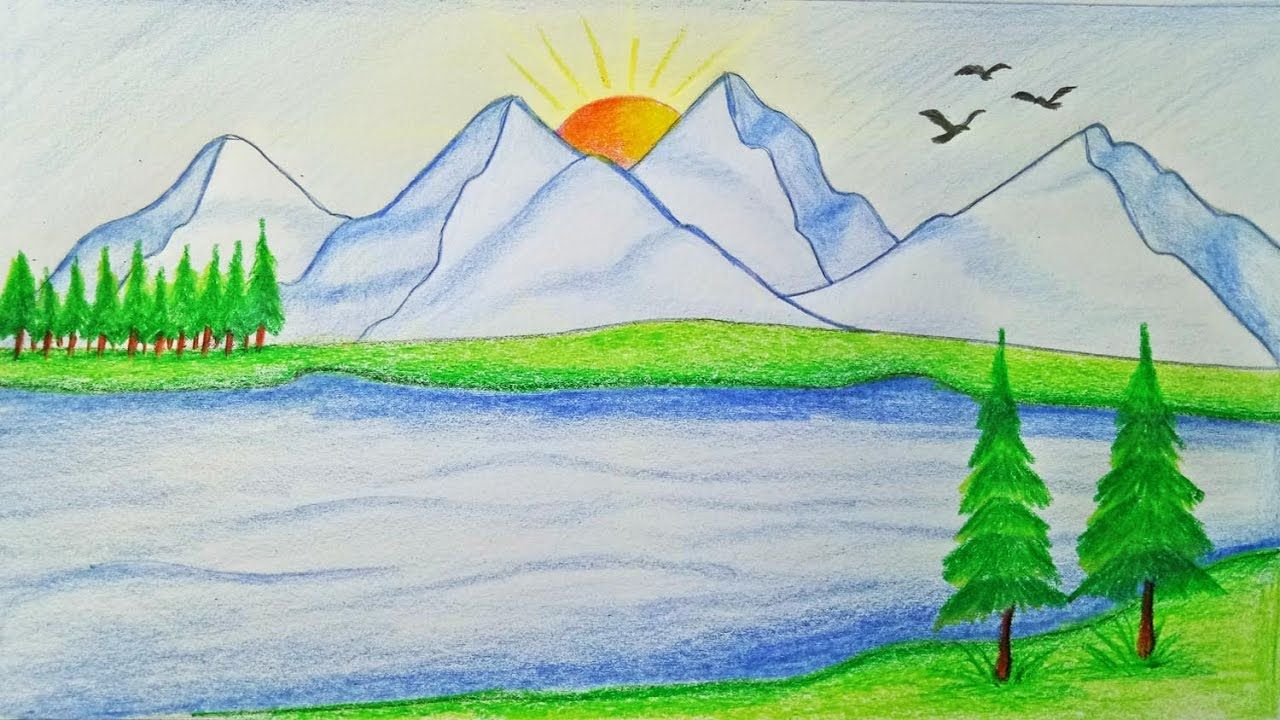 How To Draw Nature Scenery Sunset And House Beautiful |Drawing Nature  Scenery Easy - YouTube