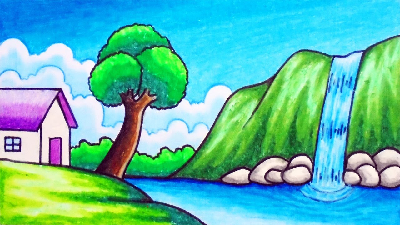how to draw nature for kids-learning simple scenery drawing with colors