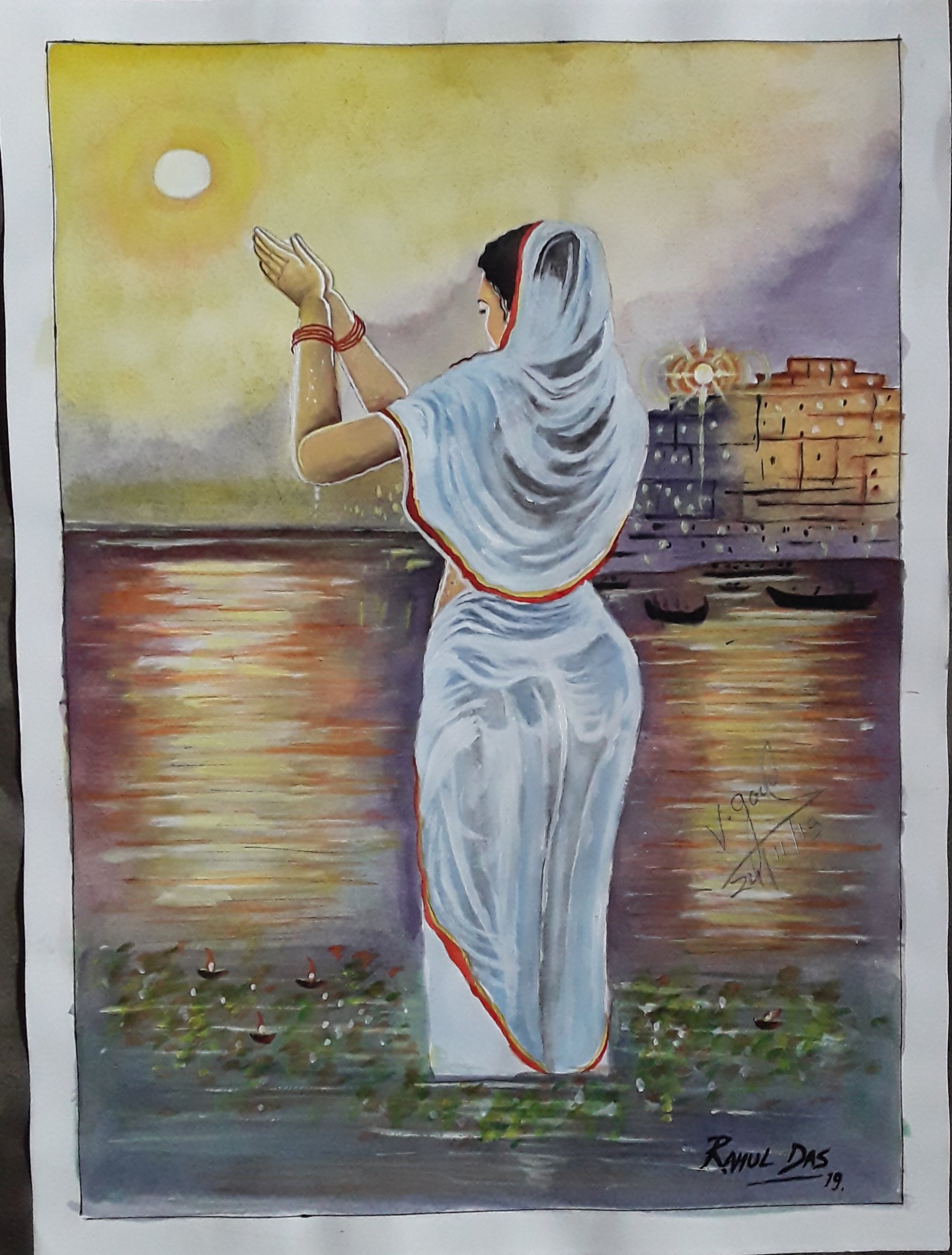 Acrylic on canvas painting of a saree-clad Indian woman, in shades of blue.  An original figurative realistic framed, rectangular painting. - Sabrina  Gill