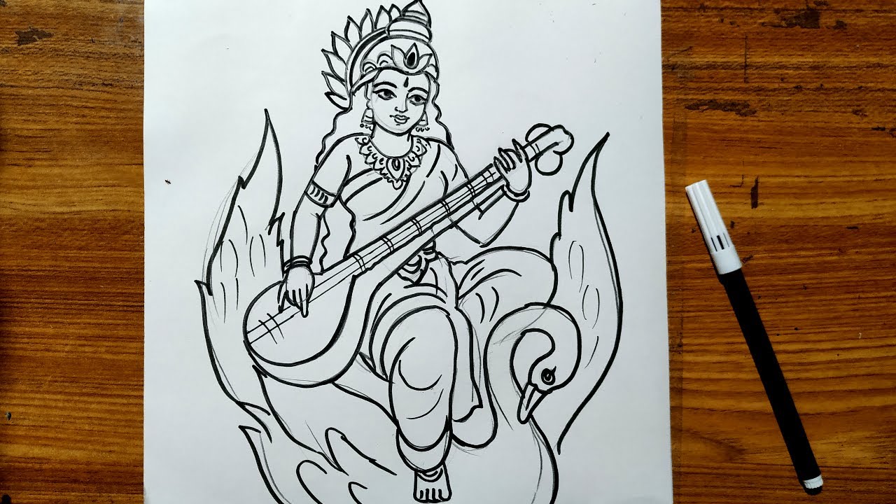 goddess saraswati line art drawing – Easy Visual Art