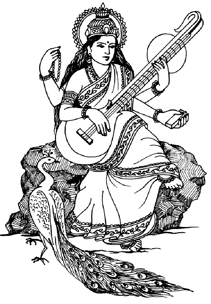 Black and white drawing of indian hindu goddess Saraswati, Canvas Print |  Barewalls Posters & Prints | bwc54594974