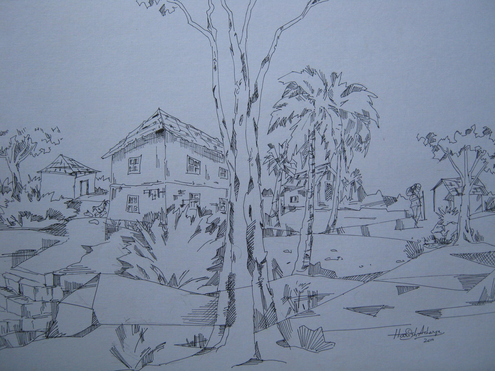 Village landscape with temple Drawing by Viola Hegedus - Fine Art America